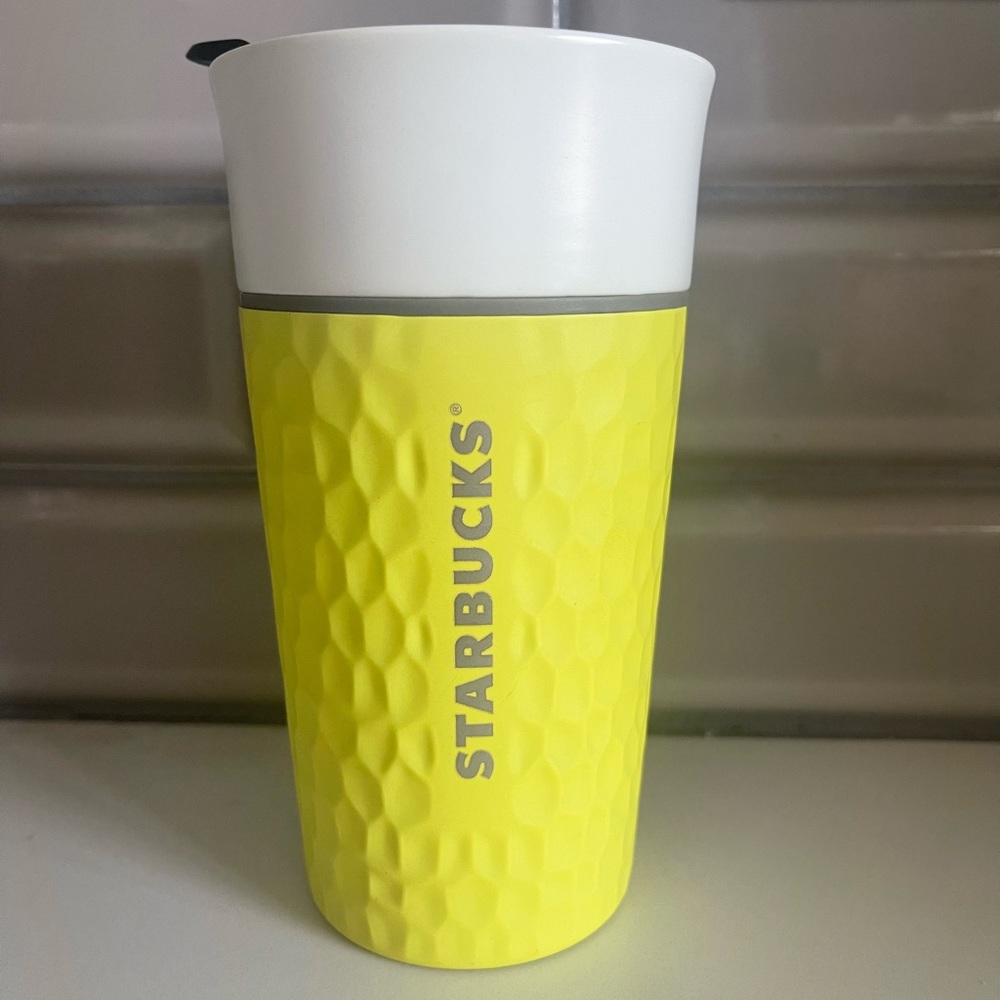 Starbucks 2016 yellow tennis ball tumbler puckered